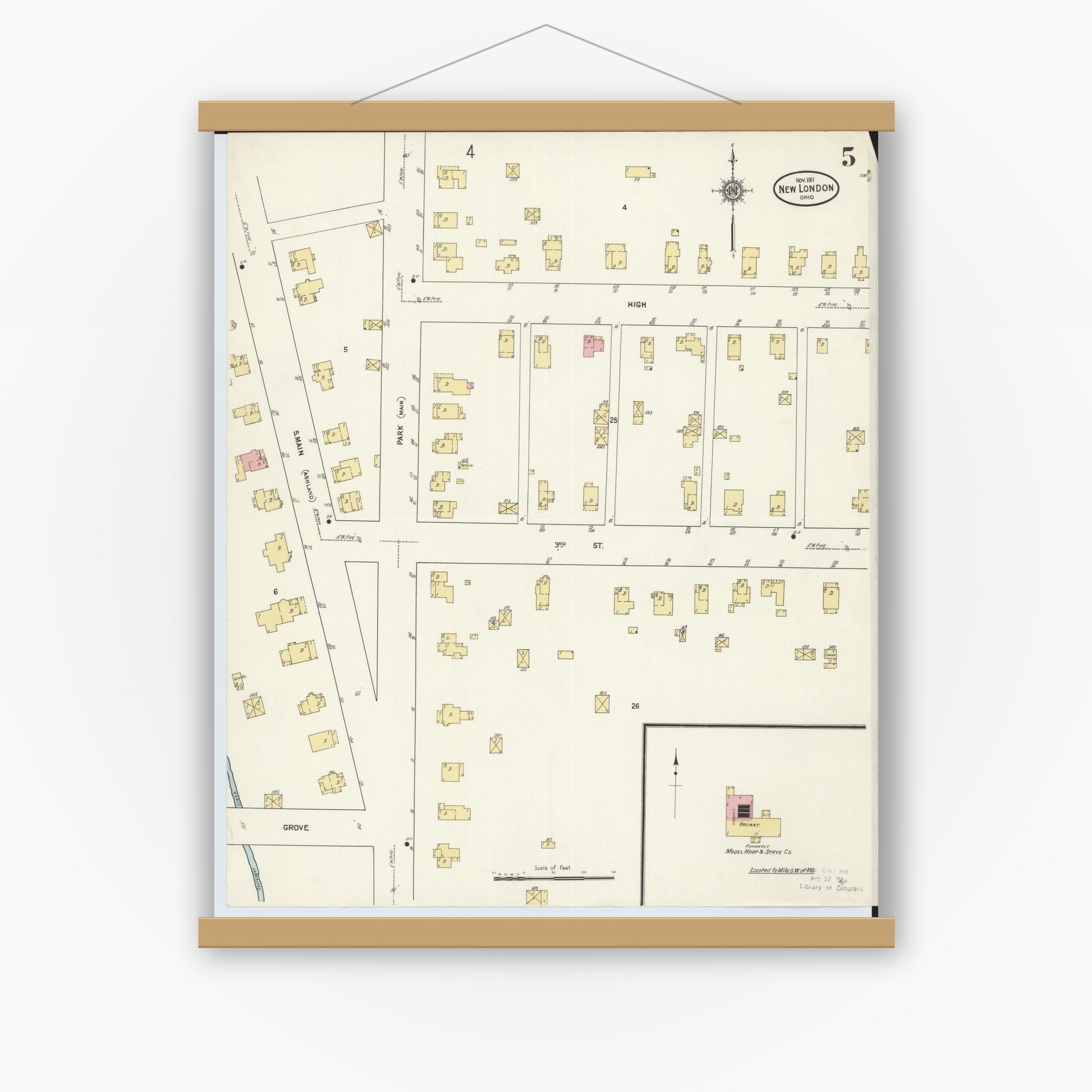 Old map wall art mockup — magnetic wood frame on white wall — Sanborn Fire Insurance Map from New London, Huron County, Ohio (1911), Sheet #0005