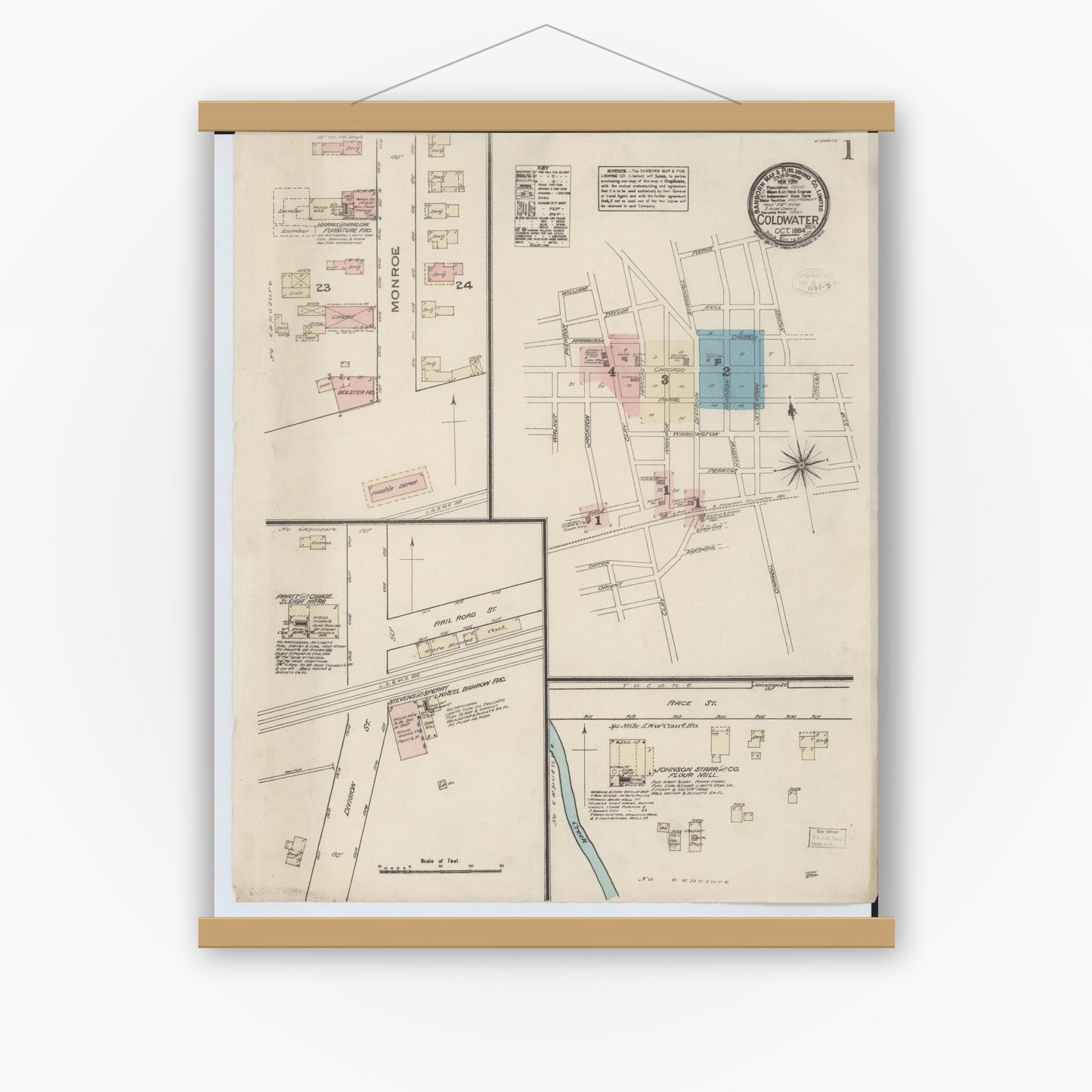 Old map wall art mockup — magnetic wood frame on white wall — Sanborn Fire Insurance Map from Coldwater, Branch County, Michigan (1884) - Complete Map Set