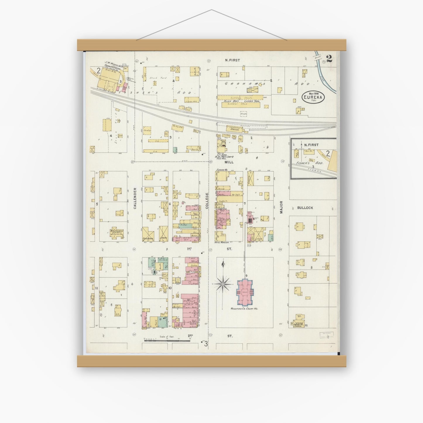 Old map wall art mockup — magnetic wood frame on white wall — Sanborn Fire Insurance Map from Eureka, Woodford County, Illinois (1898), Sheet #0002