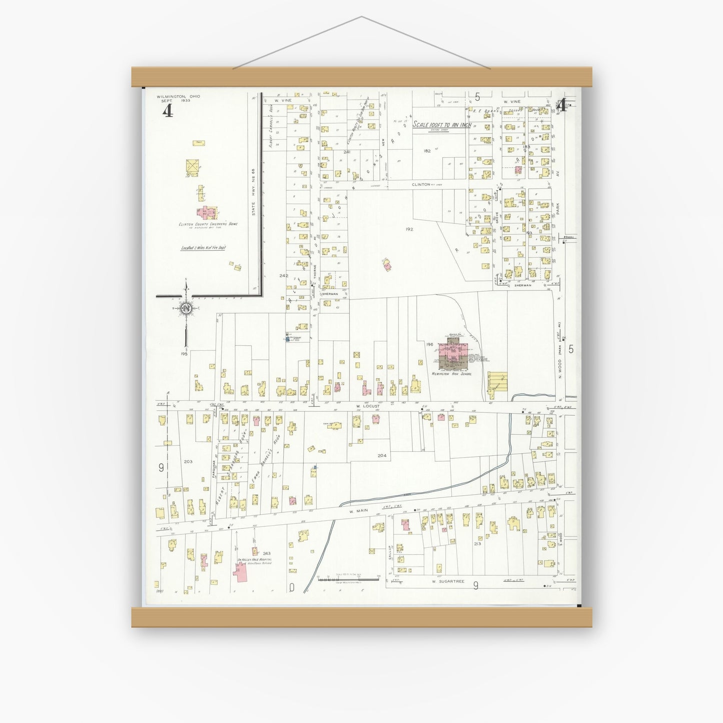 Old map wall art mockup — magnetic wood frame on white wall — Sanborn Fire Insurance Map from Wilmington, Clinton County, Ohio (1933), Sheet #0004
