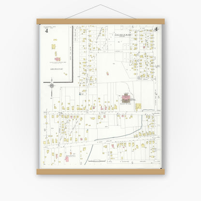 Old map wall art mockup — magnetic wood frame on white wall — Sanborn Fire Insurance Map from Wilmington, Clinton County, Ohio (1933), Sheet #0004