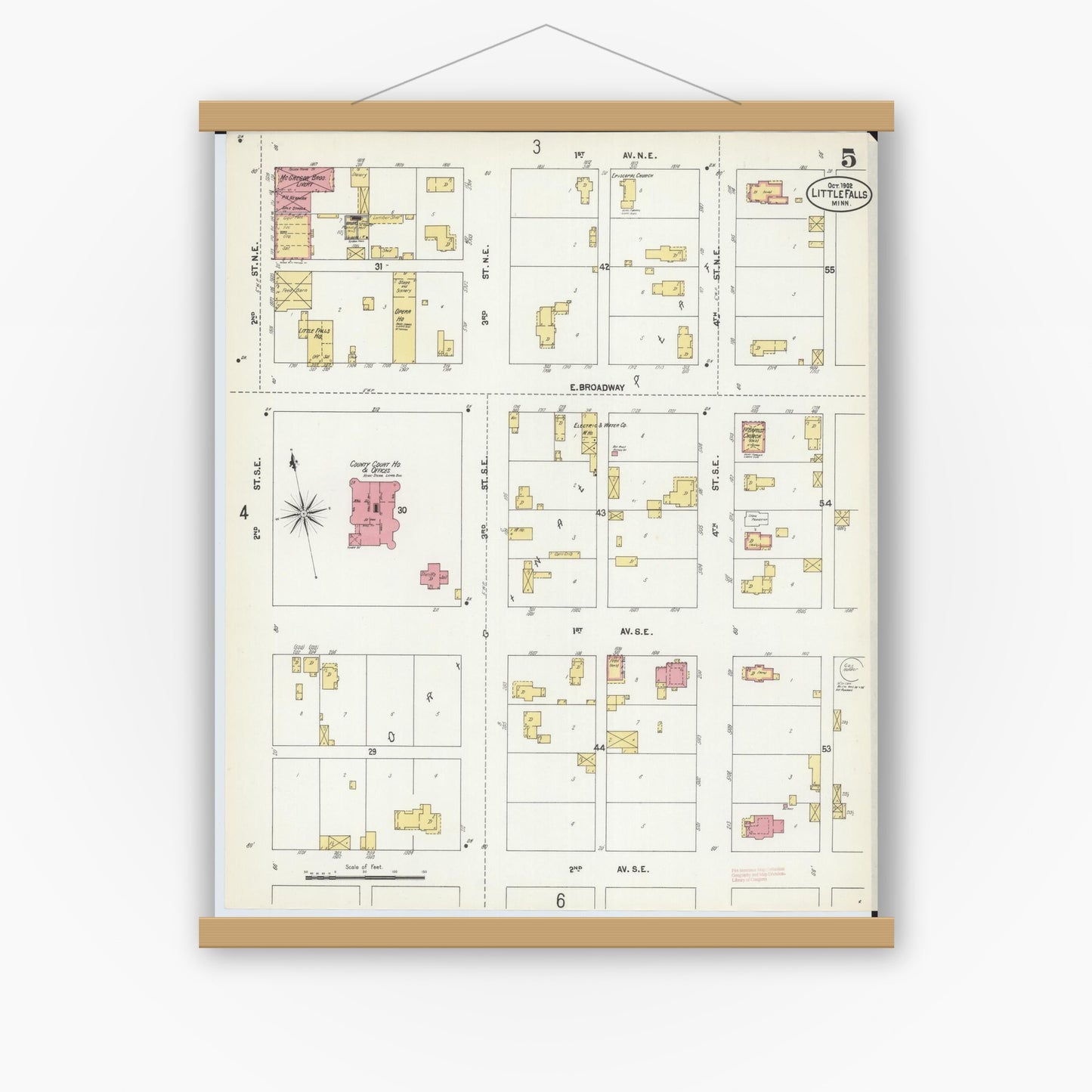 Old map wall art mockup — magnetic wood frame on white wall — Sanborn Fire Insurance Map from Little Falls, Morrison County, Minnesota (1902), Sheet #0005