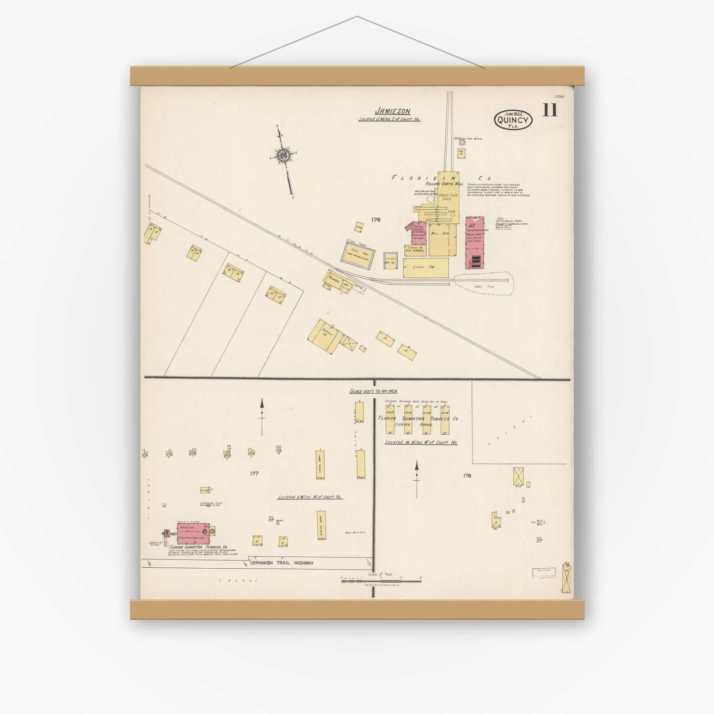 Old map wall art mockup — magnetic wood frame on white wall — Sanborn Fire Insurance Map from Quincy, Gadsden County, Florida (1922), Sheet #0011