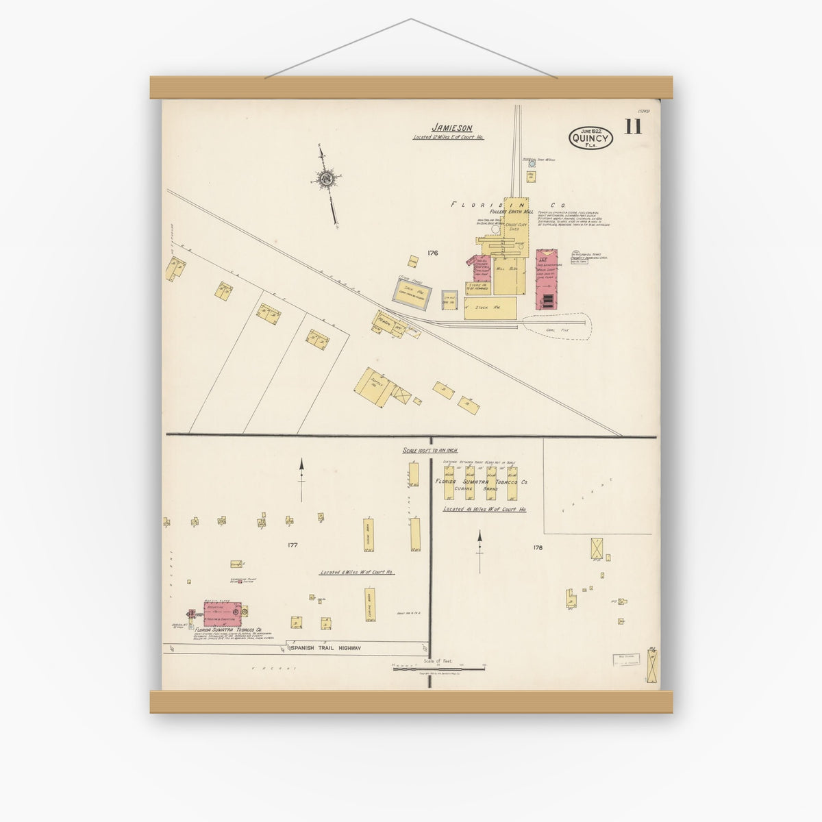 Old map wall art mockup — magnetic wood frame on white wall — Sanborn Fire Insurance Map from Quincy, Gadsden County, Florida (1922), Sheet #0011