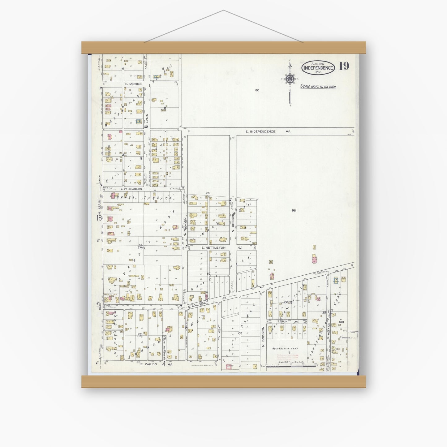 Old map wall art mockup — magnetic wood frame on white wall — Sanborn Fire Insurance Map from Independence, Jackson County, Missouri (1916), Sheet #0019