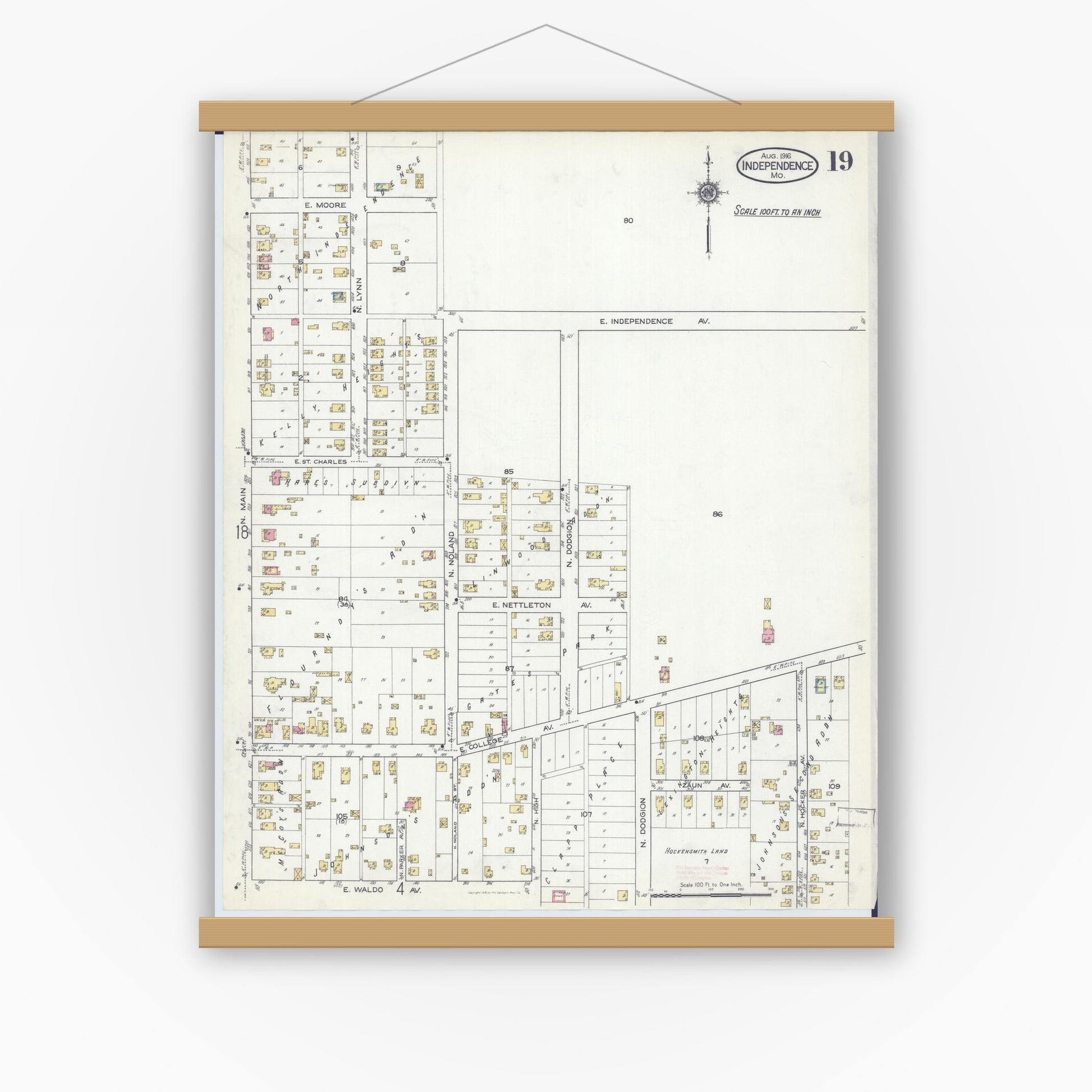 Old map wall art mockup — magnetic wood frame on white wall — Sanborn Fire Insurance Map from Independence, Jackson County, Missouri (1916), Sheet #0019
