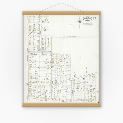 Old map wall art mockup — magnetic wood frame on white wall — Sanborn Fire Insurance Map from Independence, Jackson County, Missouri (1916), Sheet #0019
