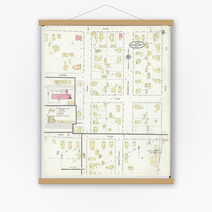 Old map wall art mockup — magnetic wood frame on white wall — Sanborn Fire Insurance Map from Schoolcraft, Kalamazoo County, Michigan (1914), Sheet #0003