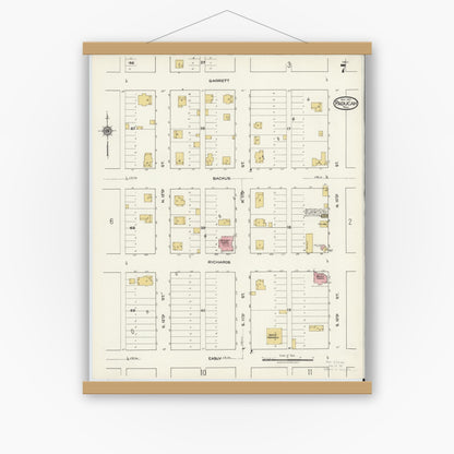 Old map wall art mockup — magnetic wood frame on white wall — Sanborn Fire Insurance Map from Paducah, Cottle County, Texas (1921), Sheet #0007