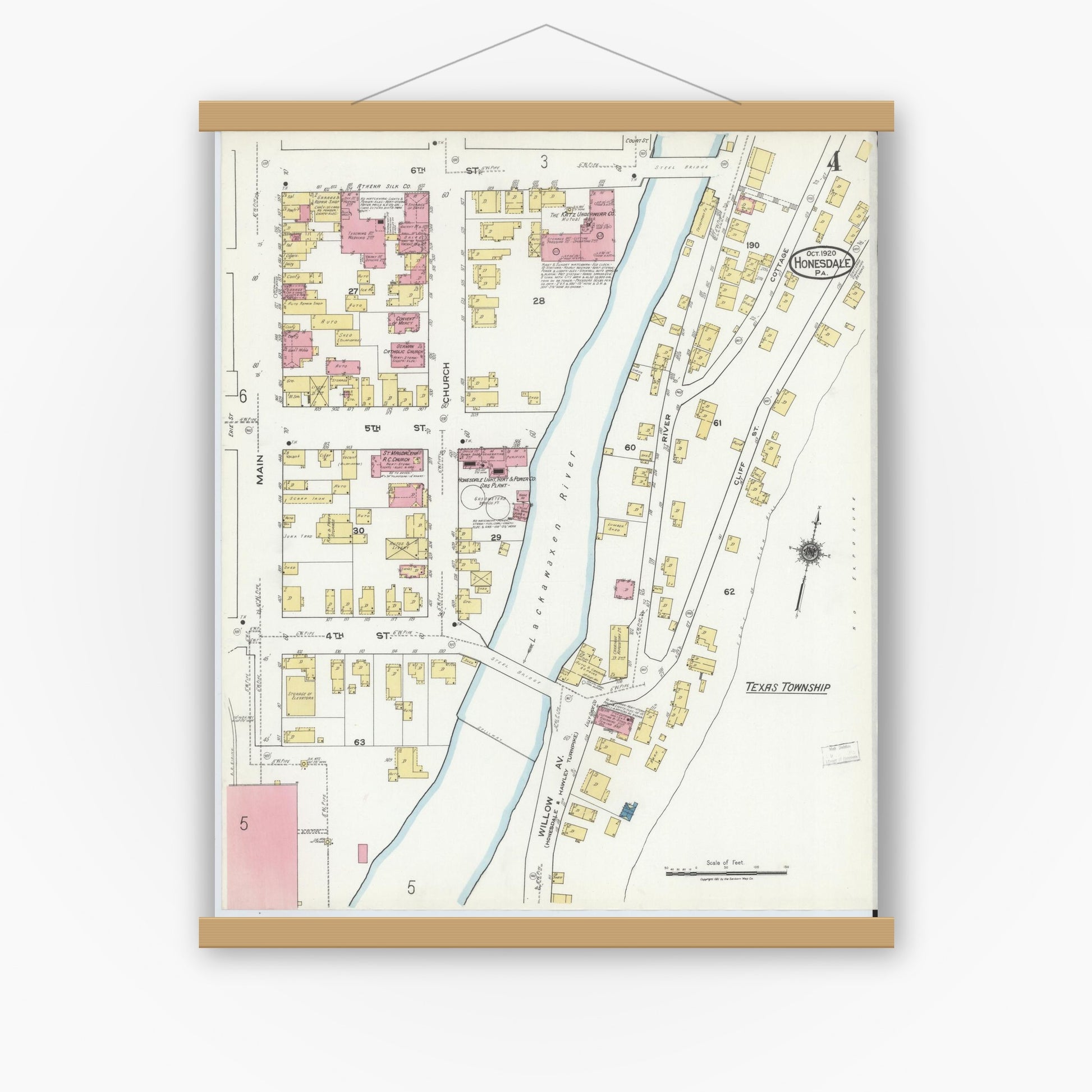 Old map wall art mockup — magnetic wood frame on white wall — Sanborn Fire Insurance Map from Honesdale, Wayne County, Pennsylvania (1920), Sheet #0004