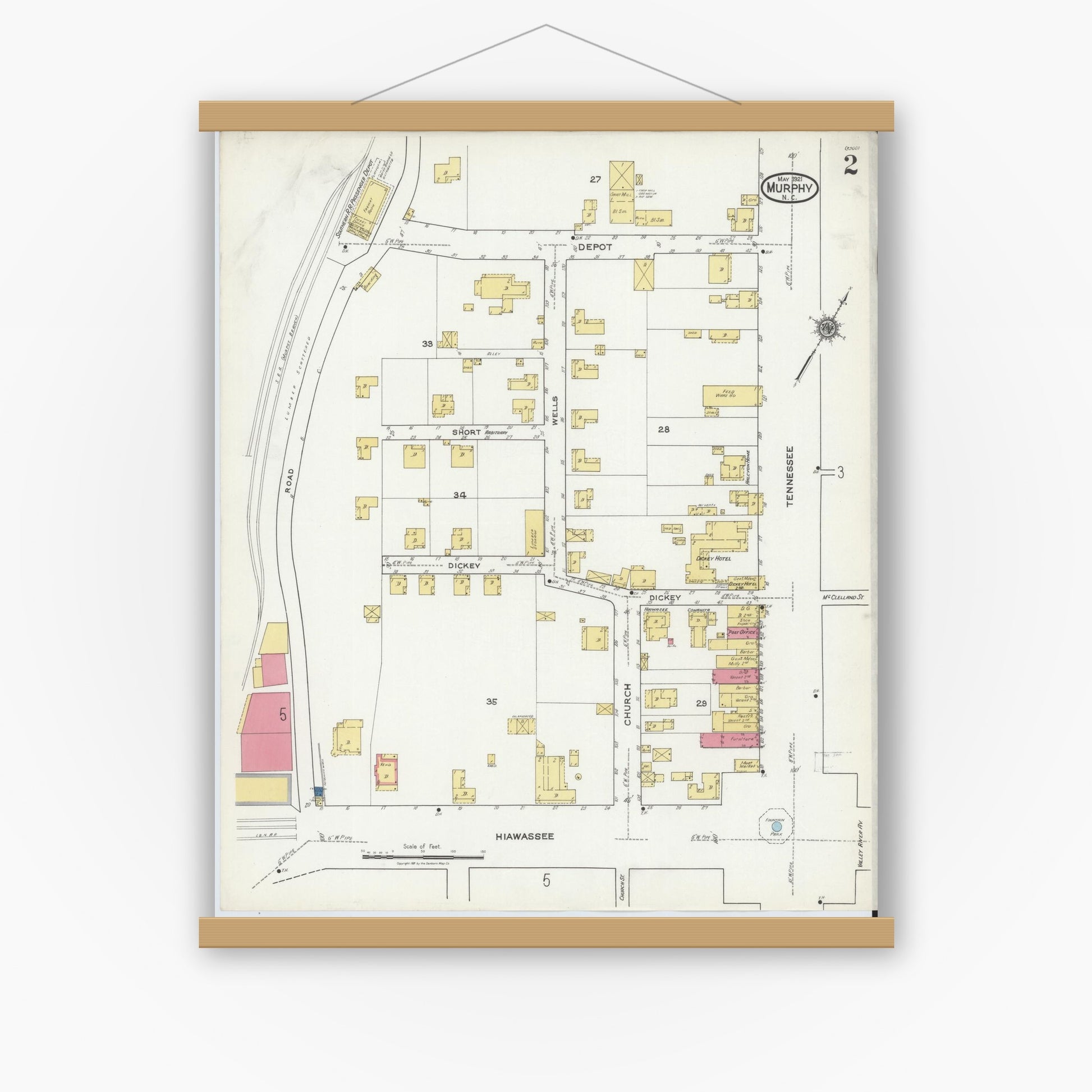 Old map wall art mockup — magnetic wood frame on white wall — Sanborn Fire Insurance Map from Murphy, Cherokee County, North Carolina (1921), Sheet #0002