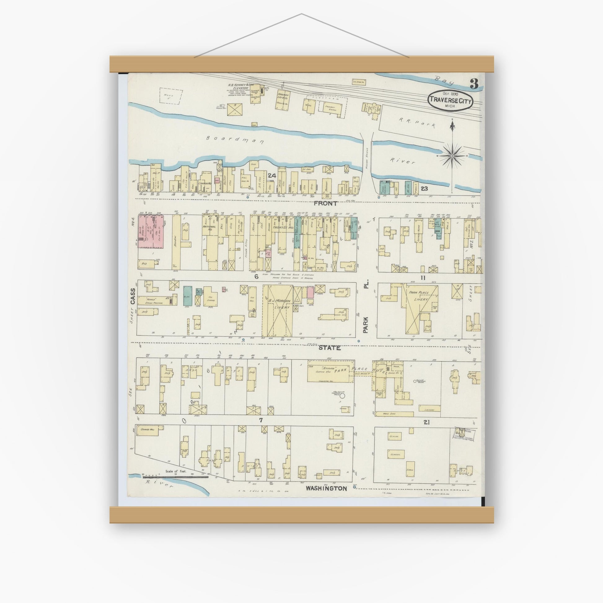 Old map wall art mockup — magnetic wood frame on white wall — Sanborn Fire Insurance Map from Traverse City, Grand Traverse County, Michigan (1890), Sheet #0003