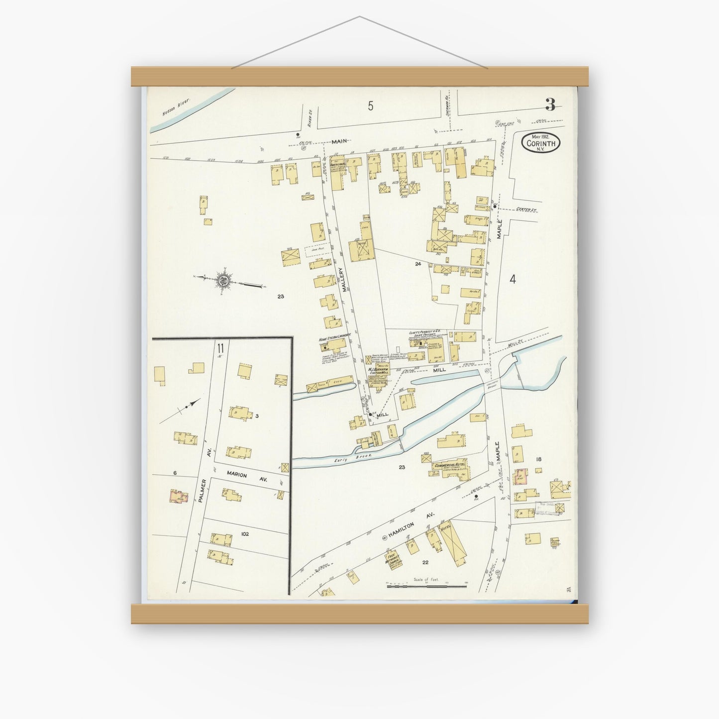 Old map wall art mockup — magnetic wood frame on white wall — Sanborn Fire Insurance Map from Corinth, Saratoga County, New York (1912), Sheet #0003