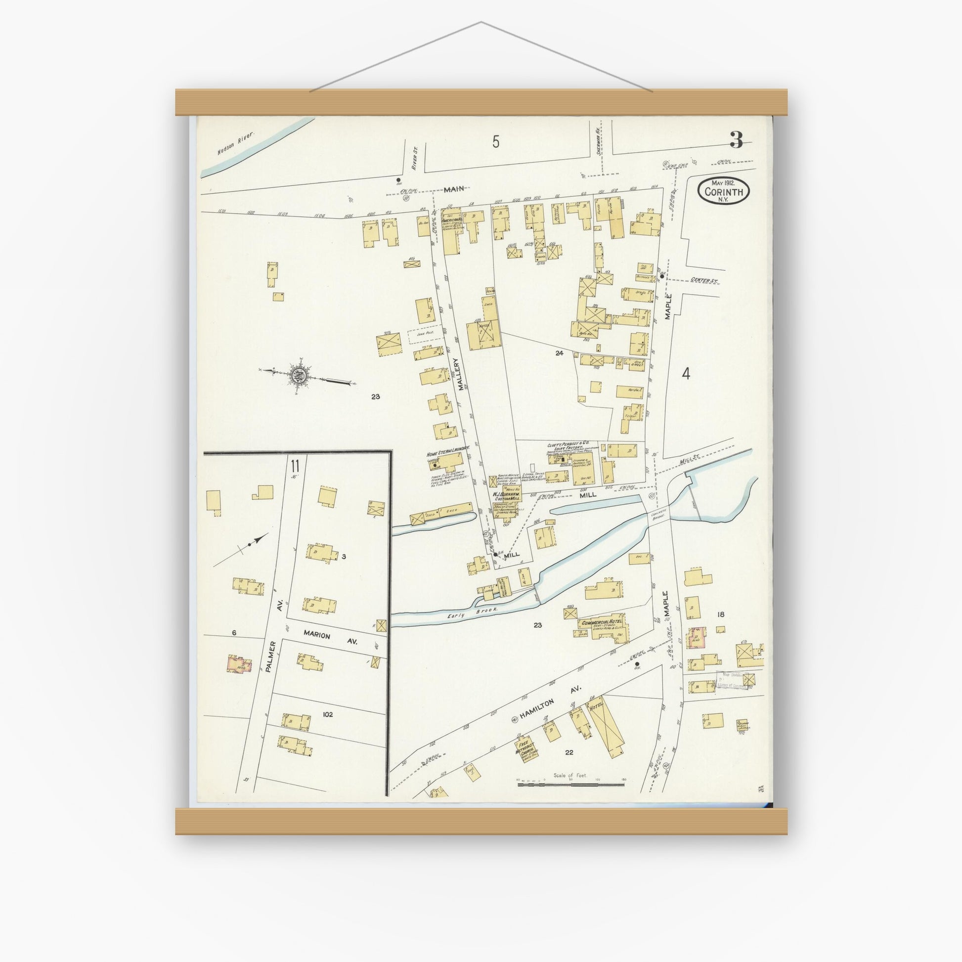 Old map wall art mockup — magnetic wood frame on white wall — Sanborn Fire Insurance Map from Corinth, Saratoga County, New York (1912), Sheet #0003