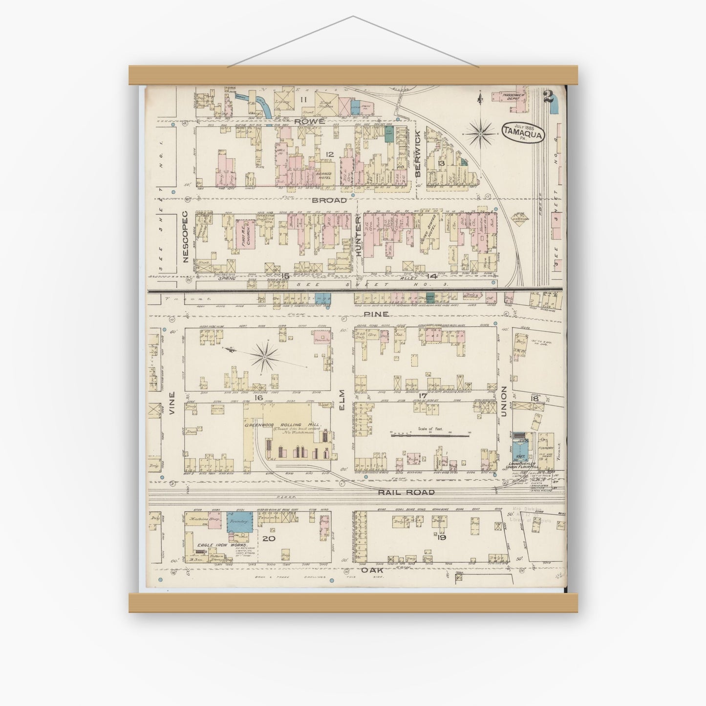 Old map wall art mockup — magnetic wood frame on white wall — Sanborn Fire Insurance Map from Tamaqua, Schuylkill County, Pennsylvania (1885), Sheet #0002