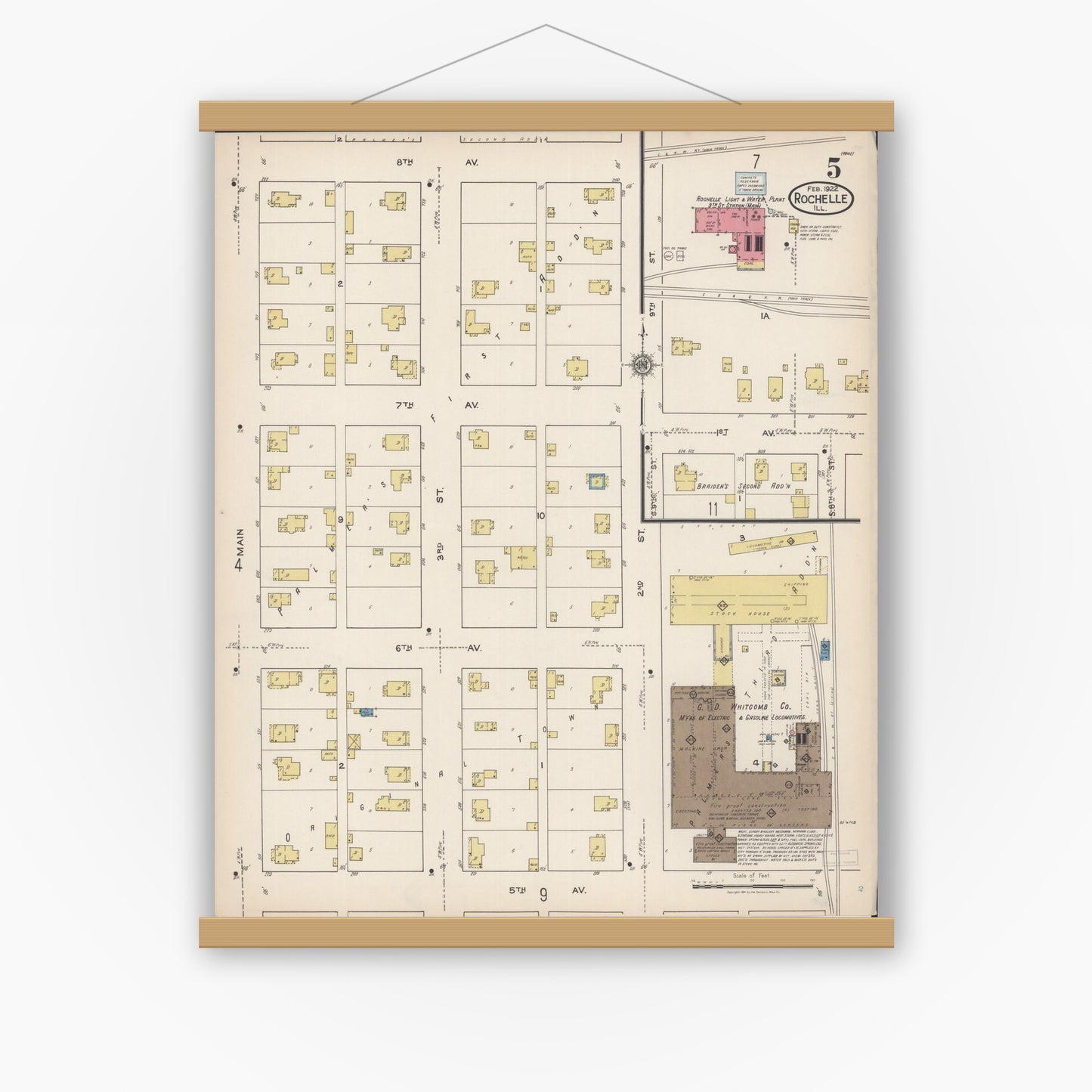 Old map wall art mockup — magnetic wood frame on white wall — Sanborn Fire Insurance Map from Rochelle, Ogle County, Illinois (1922), Sheet #0005