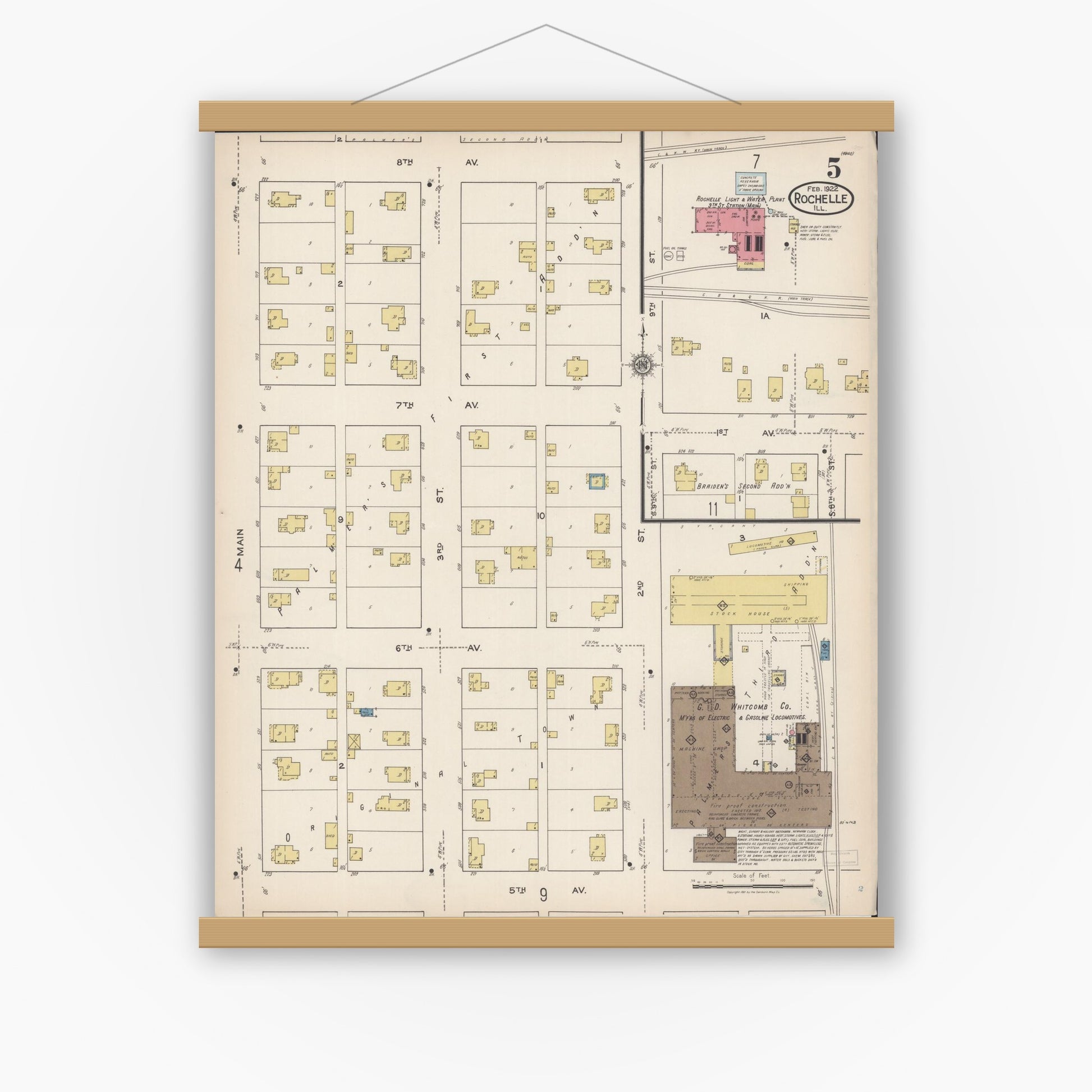 Old map wall art mockup — magnetic wood frame on white wall — Sanborn Fire Insurance Map from Rochelle, Ogle County, Illinois (1922), Sheet #0005