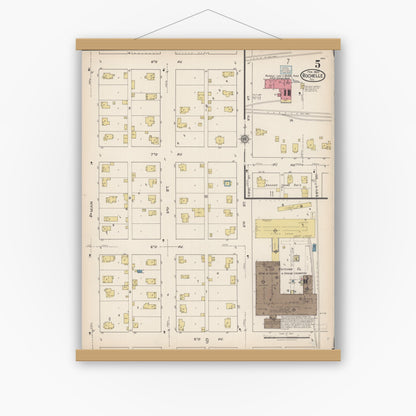 Old map wall art mockup — magnetic wood frame on white wall — Sanborn Fire Insurance Map from Rochelle, Ogle County, Illinois (1922), Sheet #0005