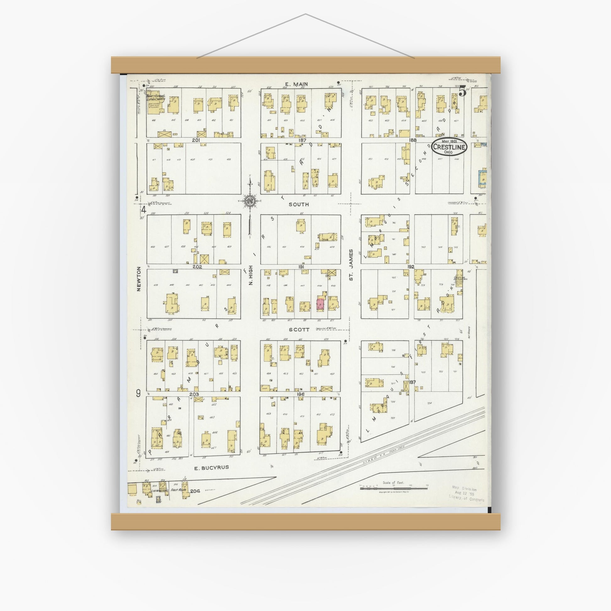 Old map wall art mockup — magnetic wood frame on white wall — Sanborn Fire Insurance Map from Crestline, Crawford County, Ohio (1921), Sheet #0005