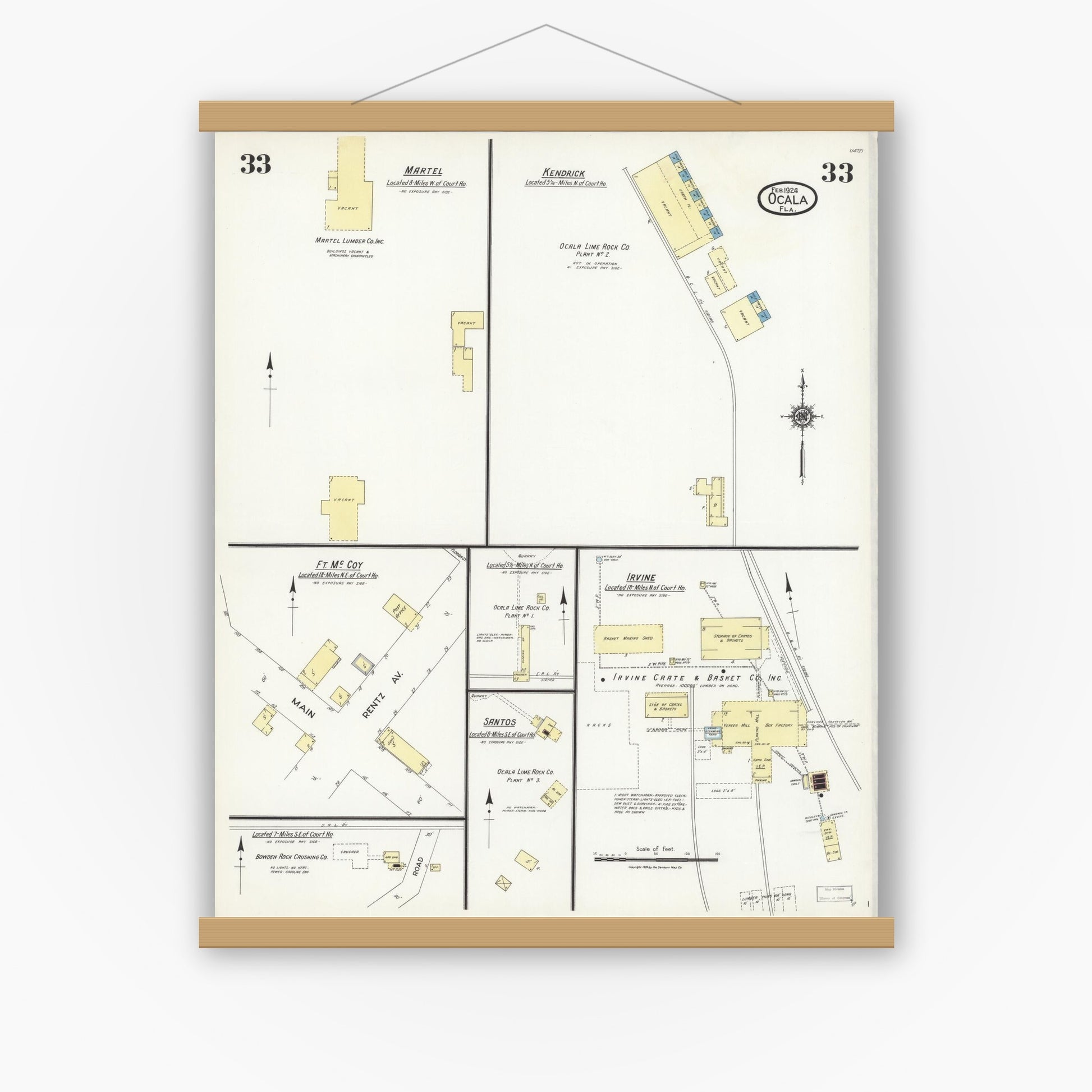 Old map wall art mockup — magnetic wood frame on white wall — Sanborn Fire Insurance Map from Ocala, Marion County, Florida (1924), Sheet #0033