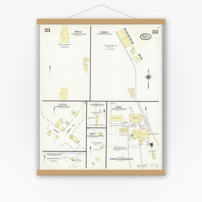 Old map wall art mockup — magnetic wood frame on white wall — Sanborn Fire Insurance Map from Ocala, Marion County, Florida (1924), Sheet #0033