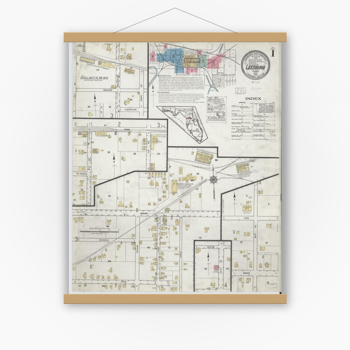 Old map wall art mockup — magnetic wood frame on white wall — Sanborn Fire Insurance Map from Leesburg, Lake County, Florida (1918) - Complete Map Set