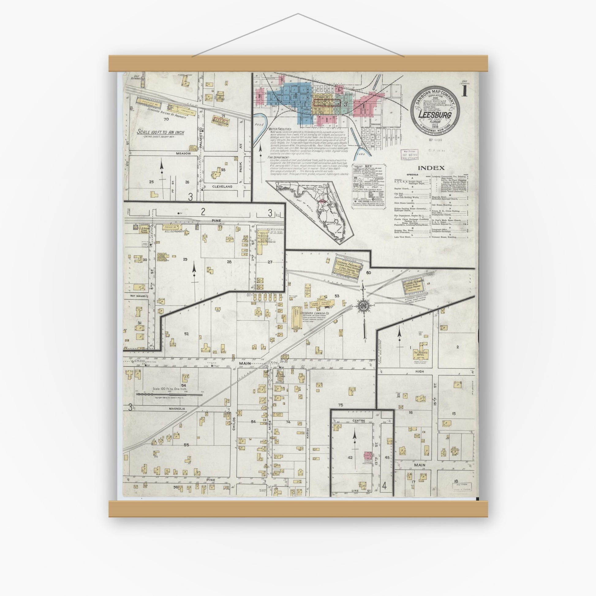 Old map wall art mockup — magnetic wood frame on white wall — Sanborn Fire Insurance Map from Leesburg, Lake County, Florida (1918) - Complete Map Set