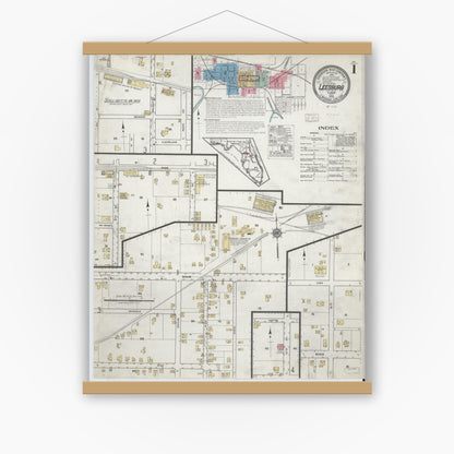 Old map wall art mockup — magnetic wood frame on white wall — Sanborn Fire Insurance Map from Leesburg, Lake County, Florida (1918) - Complete Map Set