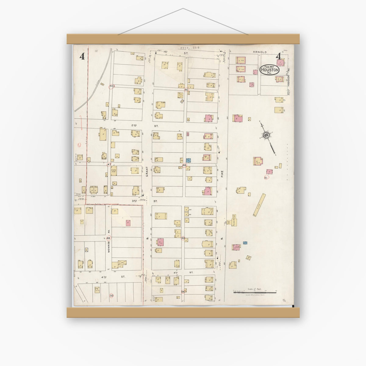 Old map wall art mockup — magnetic wood frame on white wall — Sanborn Fire Insurance Map from Houston, Washington County, Pennsylvania (1936), Sheet #0004