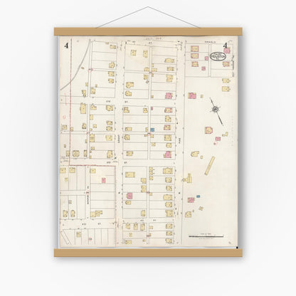 Old map wall art mockup — magnetic wood frame on white wall — Sanborn Fire Insurance Map from Houston, Washington County, Pennsylvania (1936), Sheet #0004
