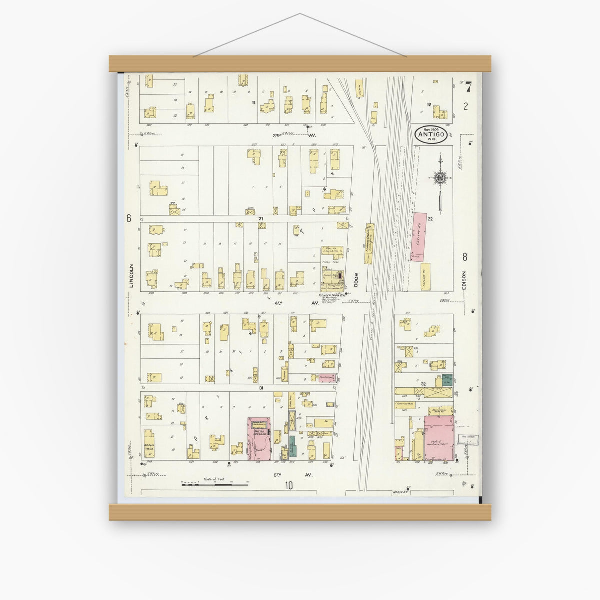 Old map wall art mockup — magnetic wood frame on white wall — Sanborn Fire Insurance Map from Antigo, Langlade County, Wisconsin (1909), Sheet #0007