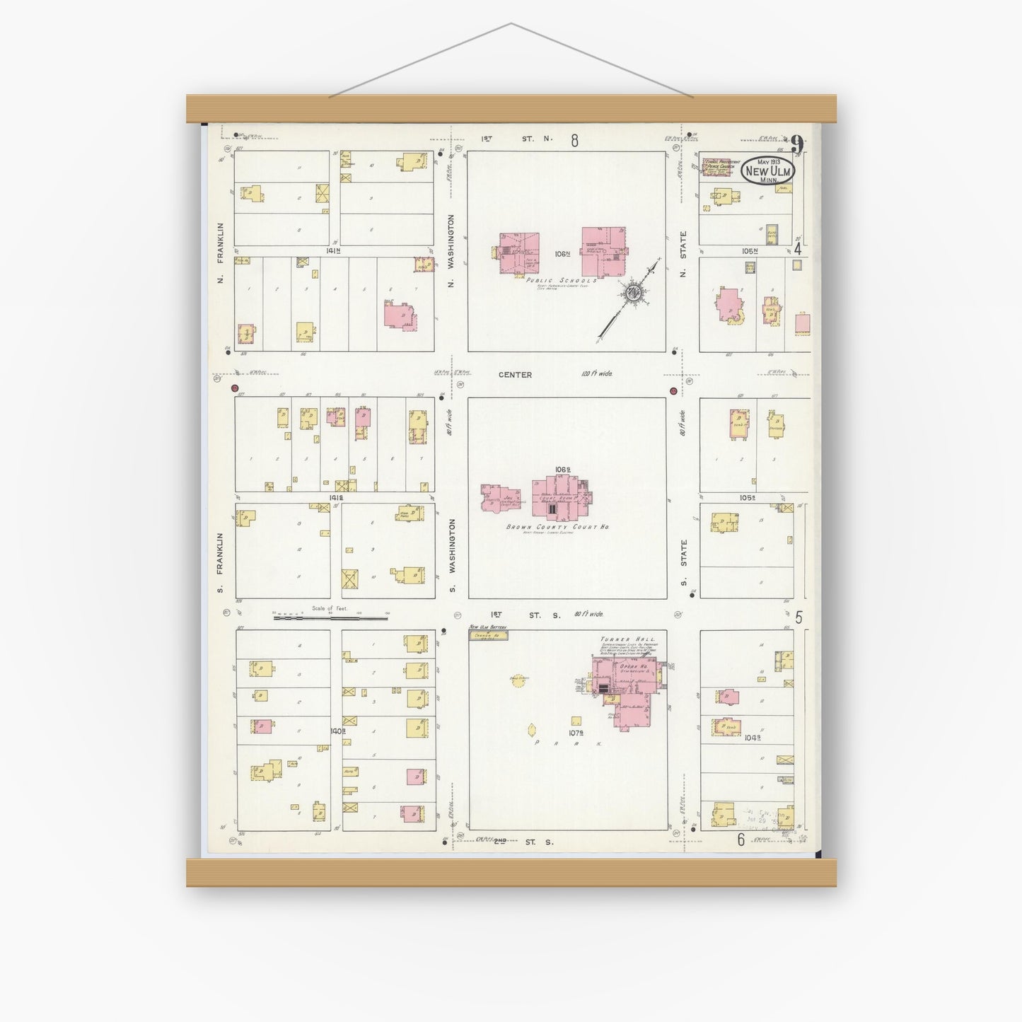 Old map wall art mockup — magnetic wood frame on white wall — Sanborn Fire Insurance Map from New Ulm, Brown County, Minnesota (1913), Sheet #0009