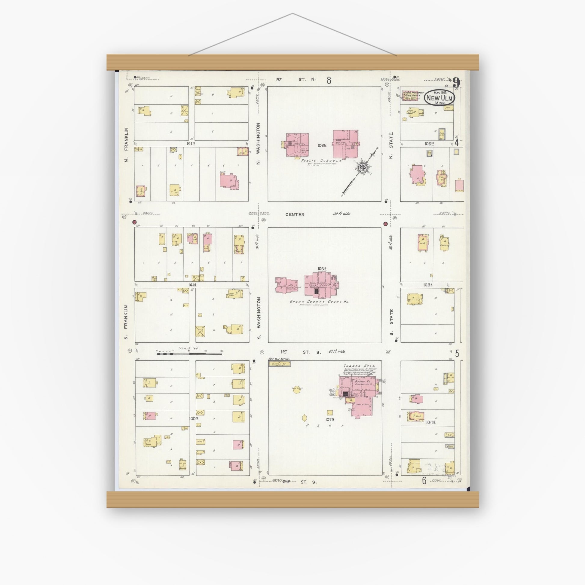 Old map wall art mockup — magnetic wood frame on white wall — Sanborn Fire Insurance Map from New Ulm, Brown County, Minnesota (1913), Sheet #0009