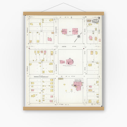 Old map wall art mockup — magnetic wood frame on white wall — Sanborn Fire Insurance Map from New Ulm, Brown County, Minnesota (1913), Sheet #0009
