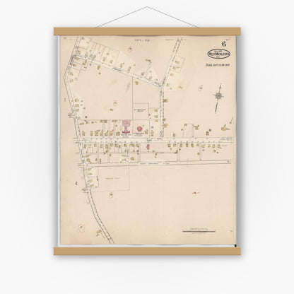 Old map wall art mockup — magnetic wood frame on white wall — Sanborn Fire Insurance Map from West Middlesex, Mercer County, Pennsylvania (1937), Sheet #0006