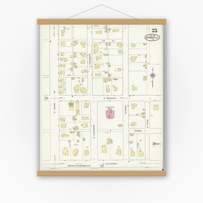 Old map wall art mockup — magnetic wood frame on white wall — Sanborn Fire Insurance Map from Gainesville, Cooke County, Texas (1913), Sheet #0025