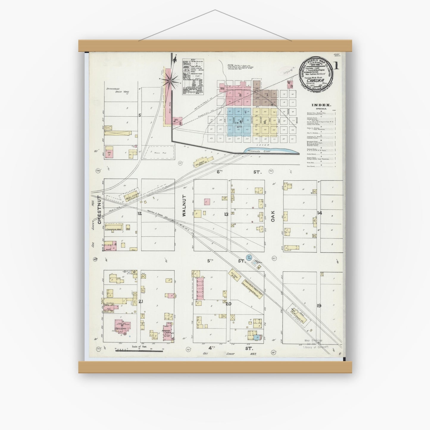 Old map wall art mockup — magnetic wood frame on white wall — Sanborn Fire Insurance Map from Chaska, Carver County, Minnesota (1891) - Complete Map Set