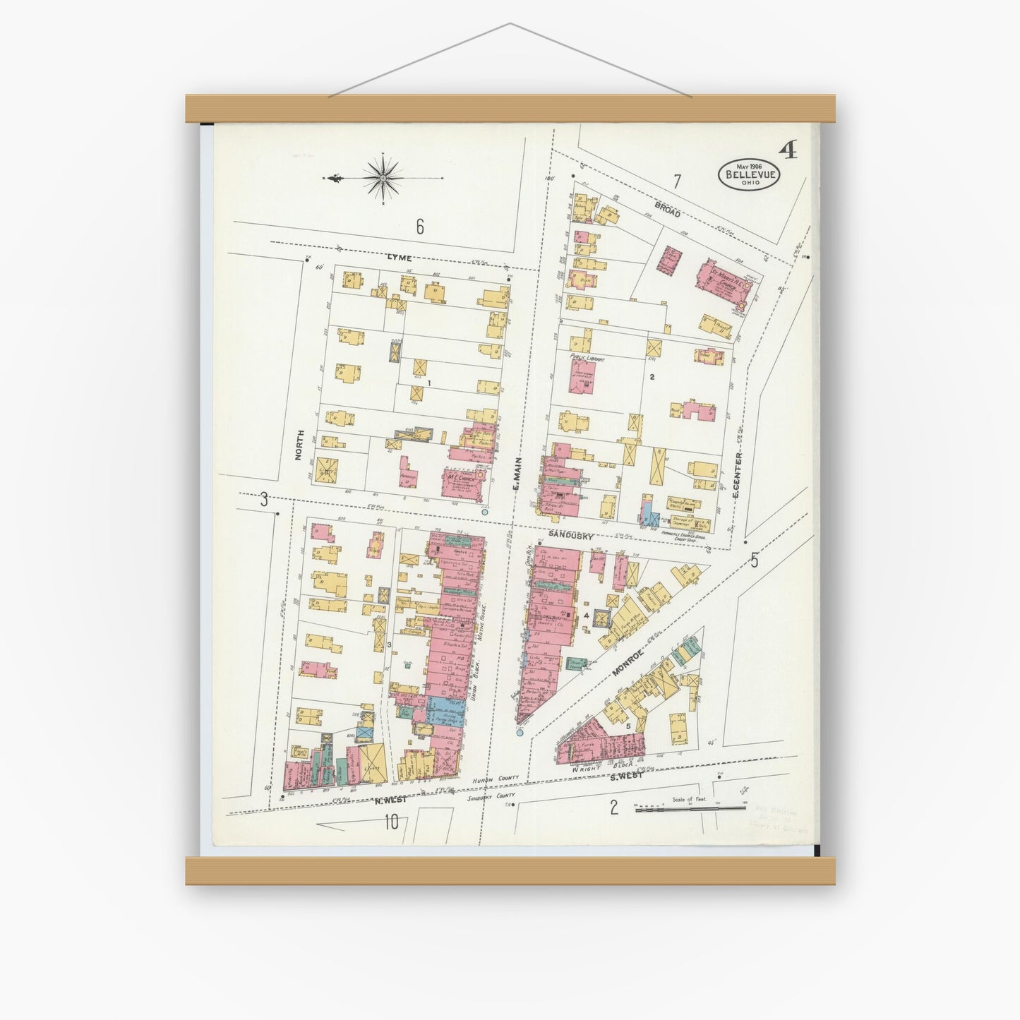 Old map wall art mockup — magnetic wood frame on white wall — Sanborn Fire Insurance Map from Bellevue, Huron And Sandusky County, Ohio (1906), Sheet #0004