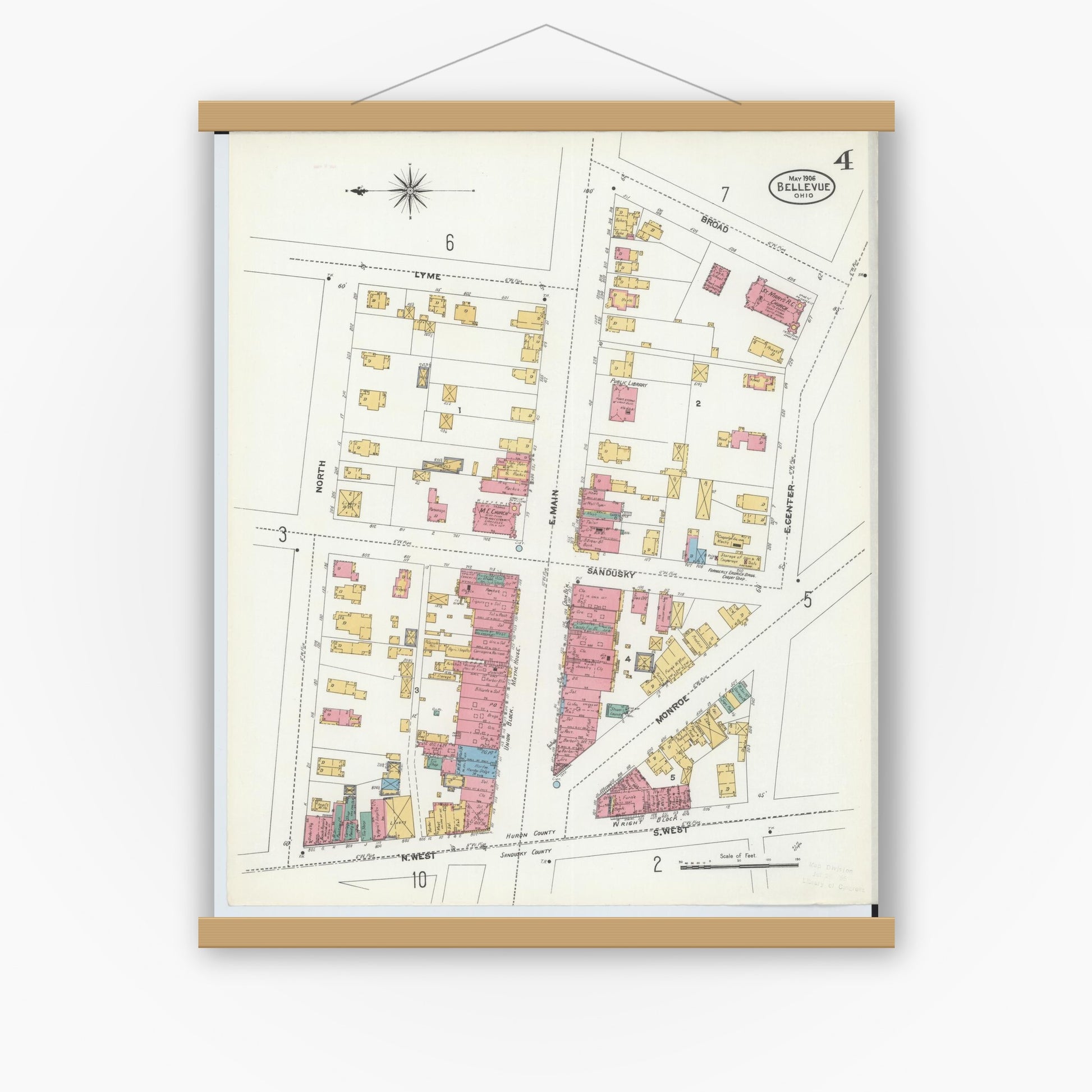Old map wall art mockup — magnetic wood frame on white wall — Sanborn Fire Insurance Map from Bellevue, Huron And Sandusky County, Ohio (1906), Sheet #0004