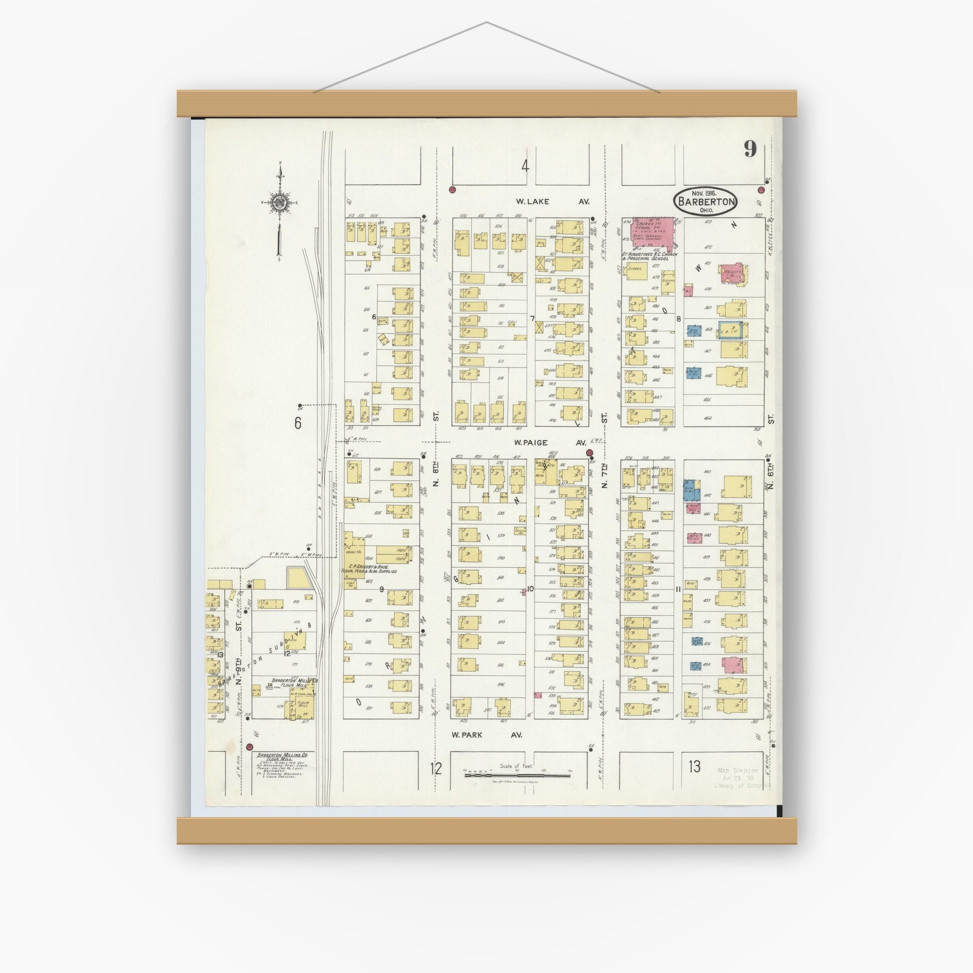Old map wall art mockup — magnetic wood frame on white wall — Sanborn Fire Insurance Map from Barberton, Summit County, Ohio (1916), Sheet #0009