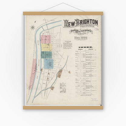 Old map wall art mockup — magnetic wood frame on white wall — Sanborn Fire Insurance Map from New Brighton, Beaver County, Pennsylvania (1886) - Complete Map Set