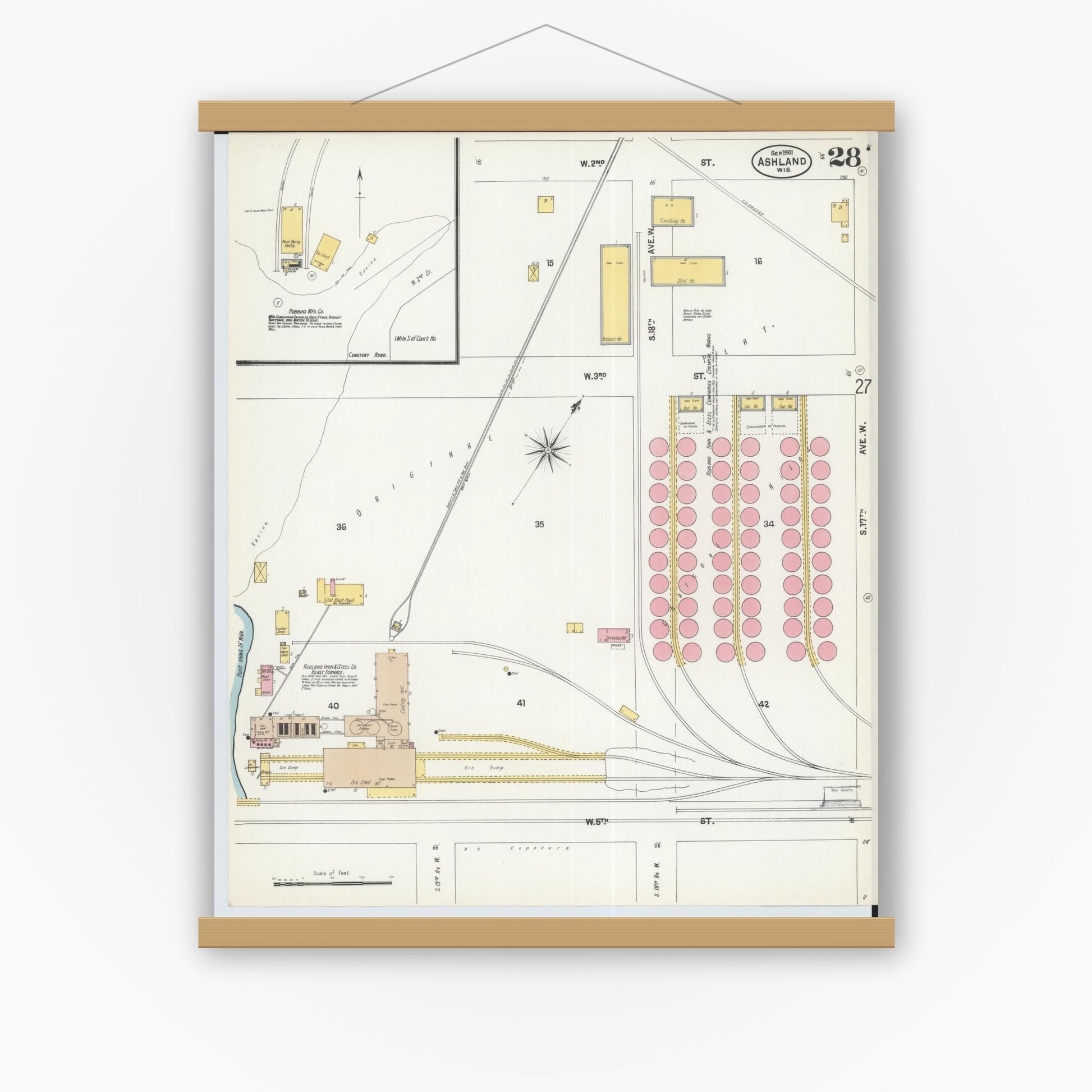 Old map wall art mockup — magnetic wood frame on white wall — Sanborn Fire Insurance Map from Ashland, Ashland County, Wisconsin (1901), Sheet #0028