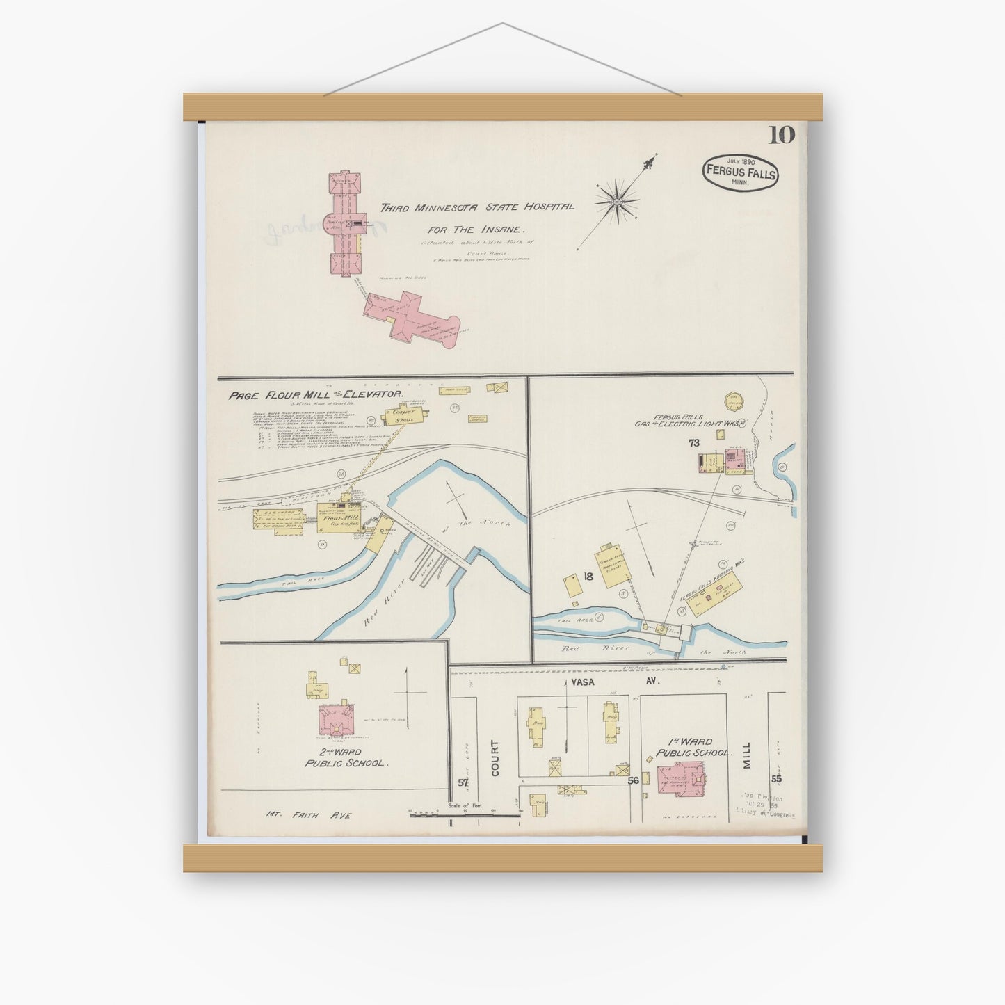 Old map wall art mockup — magnetic wood frame on white wall — Sanborn Fire Insurance Map from Fergus Falls, Otter Tail County, Minnesota (1890), Sheet #0010