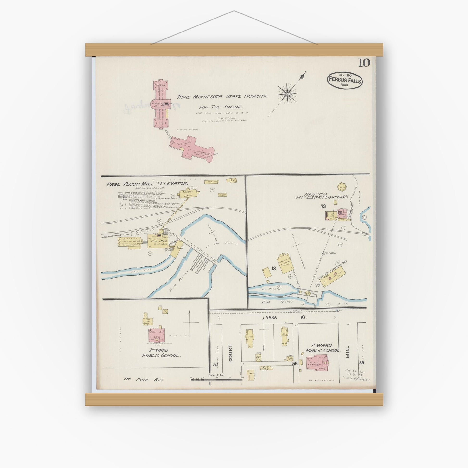Old map wall art mockup — magnetic wood frame on white wall — Sanborn Fire Insurance Map from Fergus Falls, Otter Tail County, Minnesota (1890), Sheet #0010