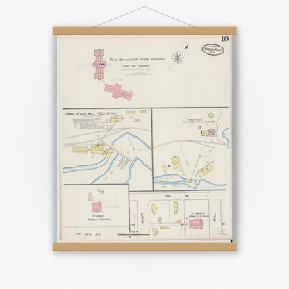 Old map wall art mockup — magnetic wood frame on white wall — Sanborn Fire Insurance Map from Fergus Falls, Otter Tail County, Minnesota (1890), Sheet #0010