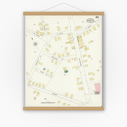 Old map wall art mockup — magnetic wood frame on white wall — Sanborn Fire Insurance Map from Norwood, Norfolk County, Massachusetts (1909), Sheet #0010