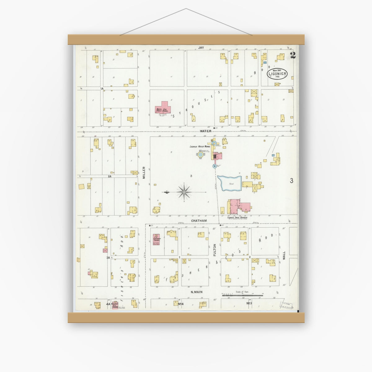 Old map wall art mockup — magnetic wood frame on white wall — Sanborn Fire Insurance Map from Ligonier, Noble County, Indiana (1901), Sheet #0002
