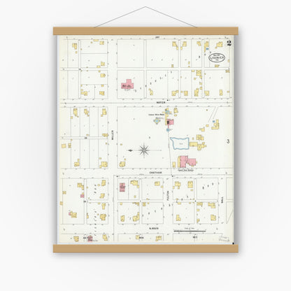 Old map wall art mockup — magnetic wood frame on white wall — Sanborn Fire Insurance Map from Ligonier, Noble County, Indiana (1901), Sheet #0002