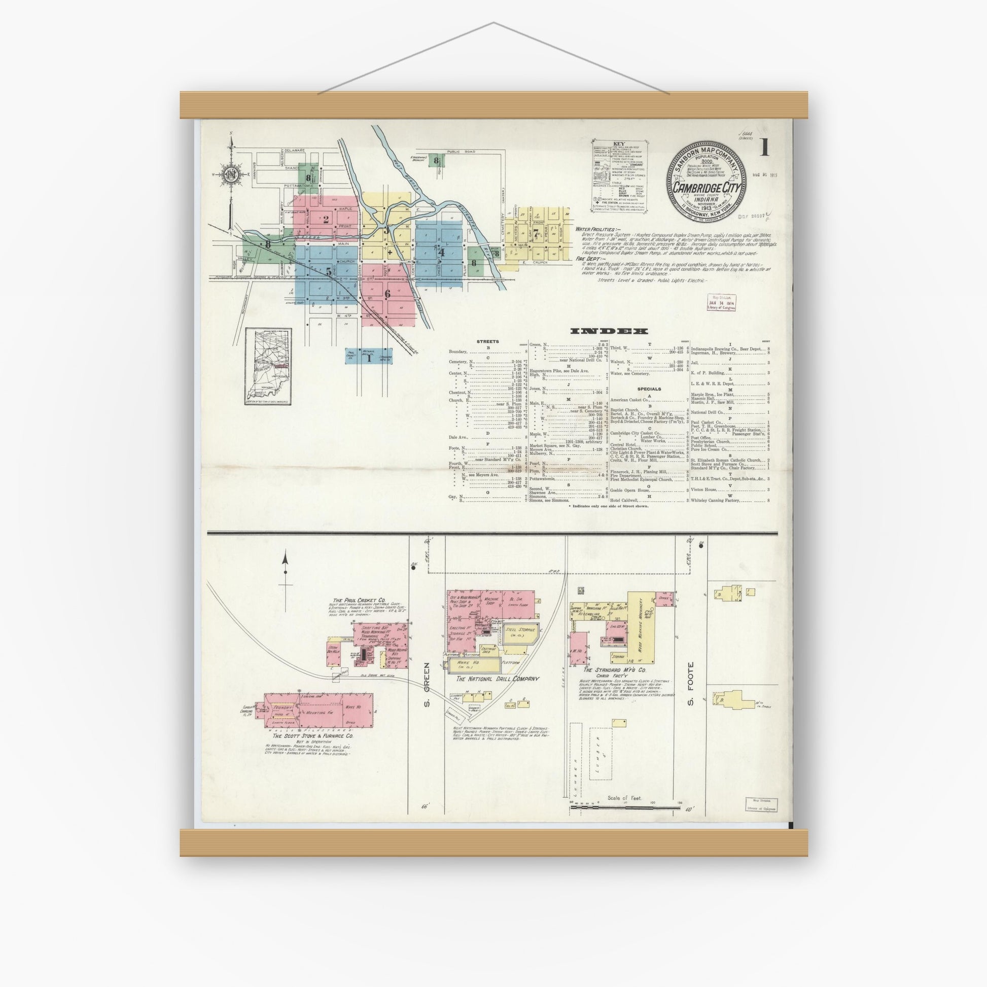 Old map wall art mockup — magnetic wood frame on white wall — Sanborn Fire Insurance Map from Cambridge City, Wayne County, Indiana (1913) - Complete Map Set