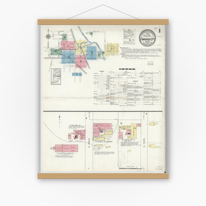 Old map wall art mockup — magnetic wood frame on white wall — Sanborn Fire Insurance Map from Cambridge City, Wayne County, Indiana (1913) - Complete Map Set
